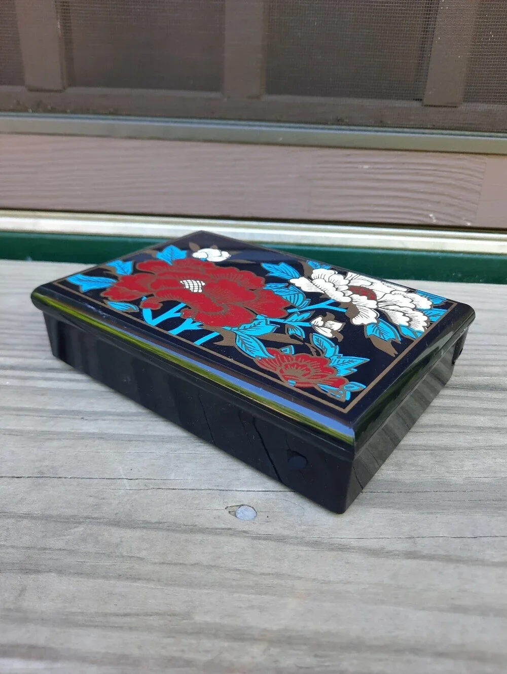 Vintage Asian Black Hard Plastic Peony Painted Lined Mirror Jewelry Box Small